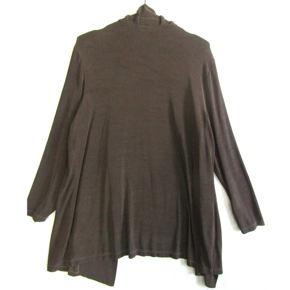 Travelers by Chico's Brown Ribbed Cardigan Duster Open Front Ruffle Neck Size 3 - Picture 2 of 9